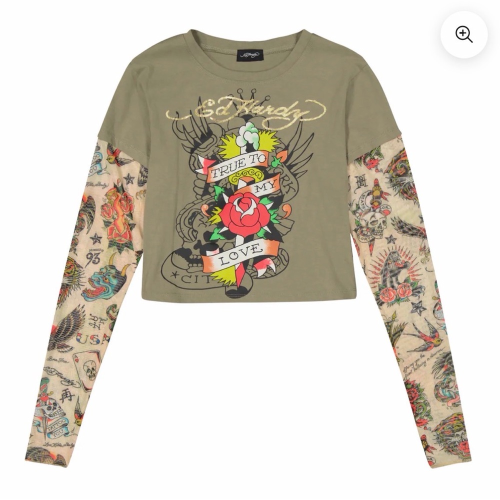 Ed Hardy Women's Tattoo Graphic Long Sleeve Tee - Olive and Multicolor